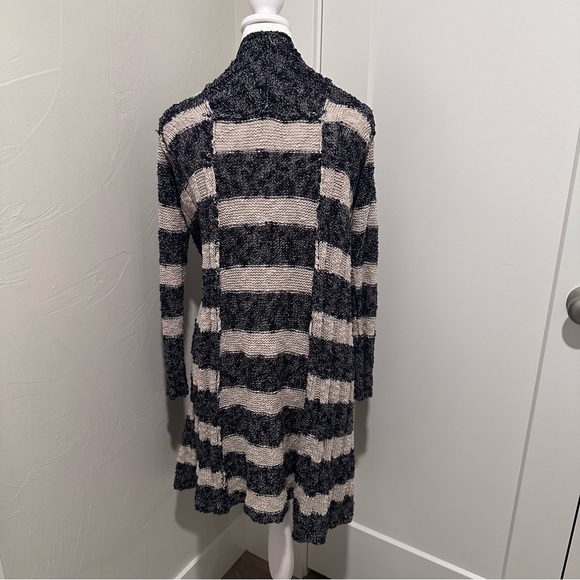 Free People Gray and Blue Striped Linen Blend Long Open Front Cardigan XS - Picture 3 of 6